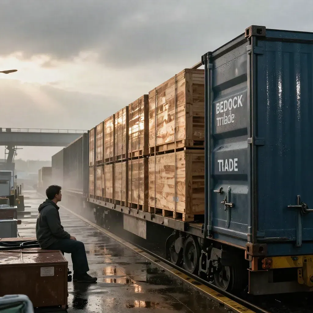 Wet export crates and cargo lane beneath a distant gantry at blue hour
