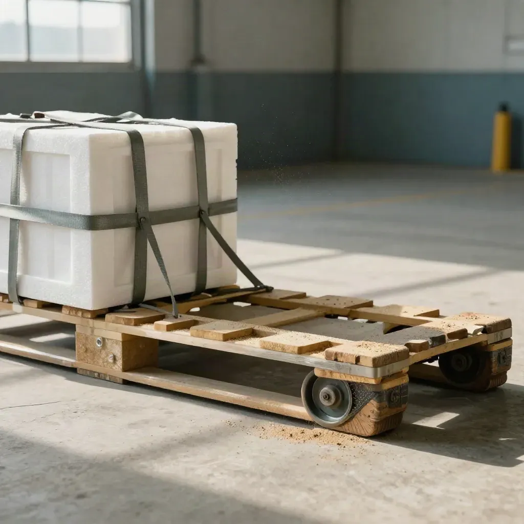 Sealed pallet, coiled straps, and transit crate beside a freight wheel at a dock stop block.