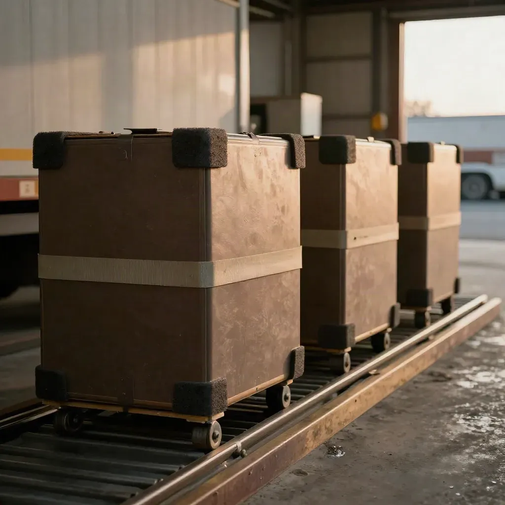 Three freight cases with foam corners and cargo straps beside a dock roller lane in warm late light.