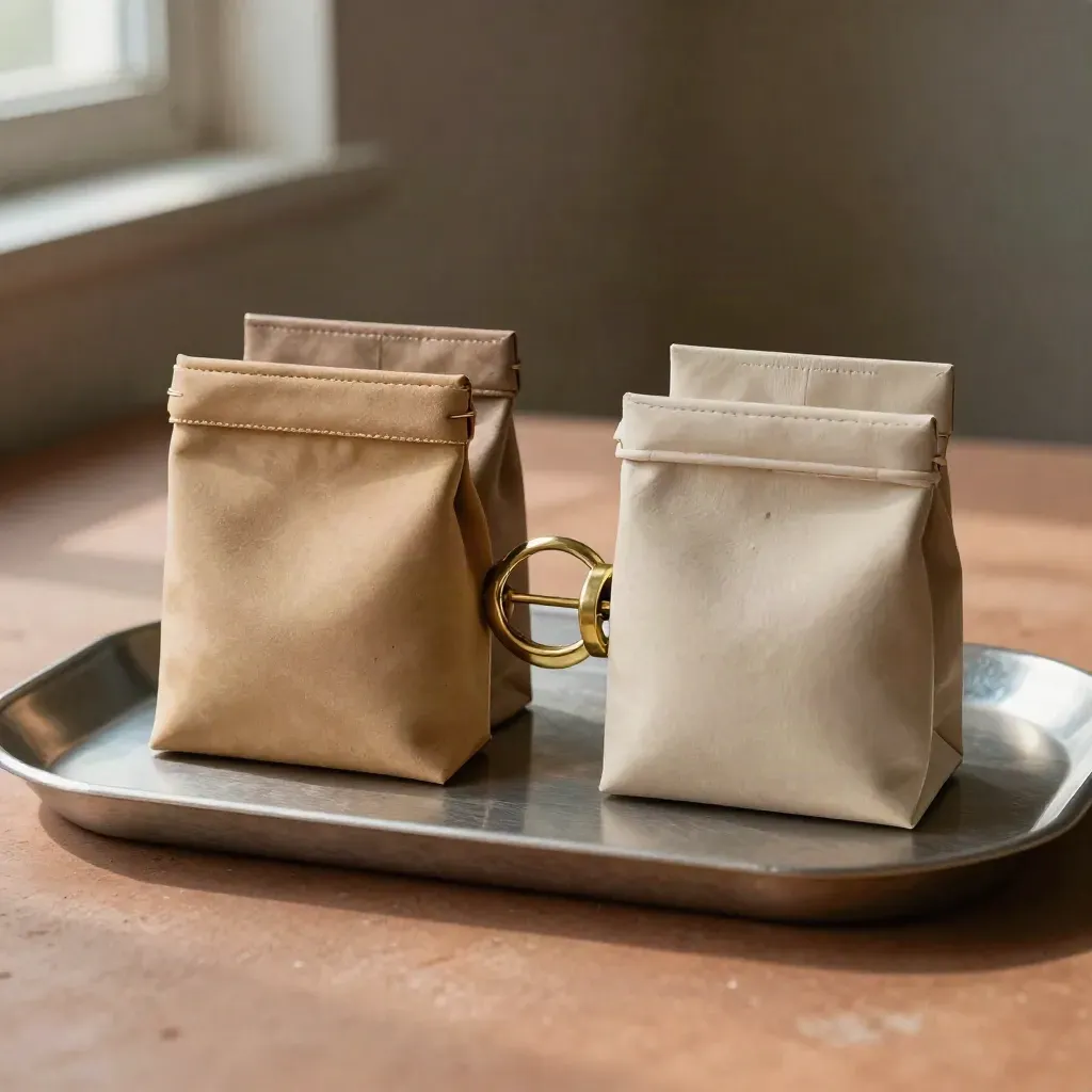 Matched sample pouches and cartons linked by a brass split ring on a tray
