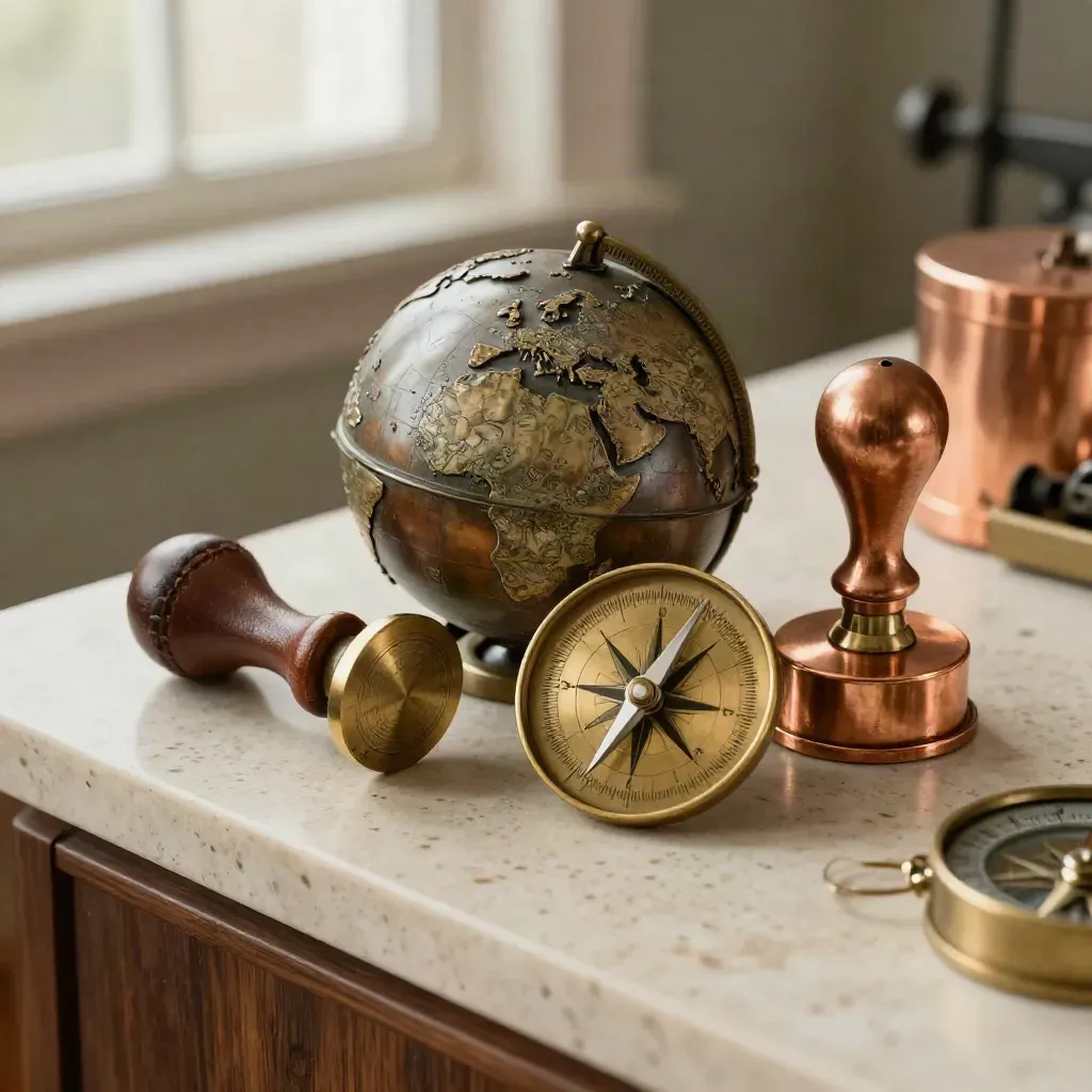 Trade tools still life: bronze globe segment, seal stamp, compass disk and copper paperweight on travertine.