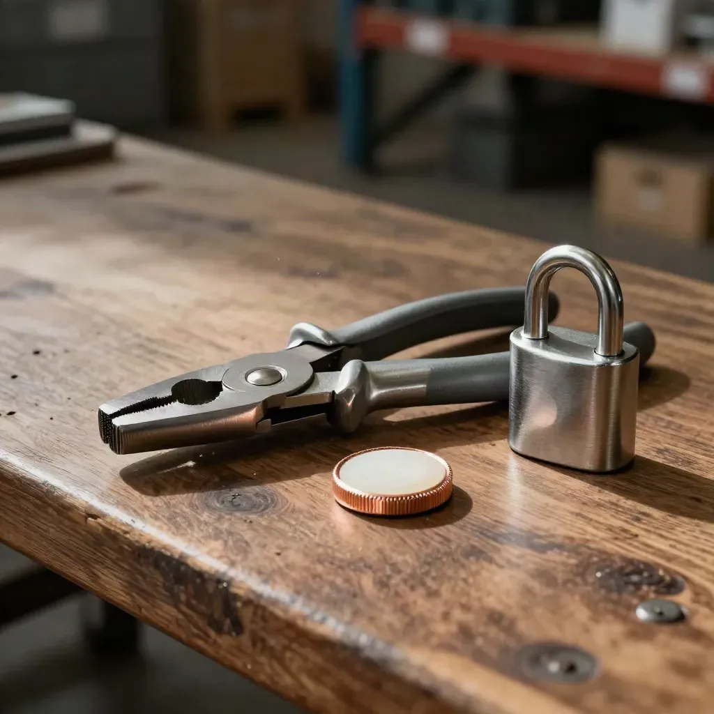 Logistics hardware kit on a warehouse bench with pliers, buckle, puck, and transit lock.