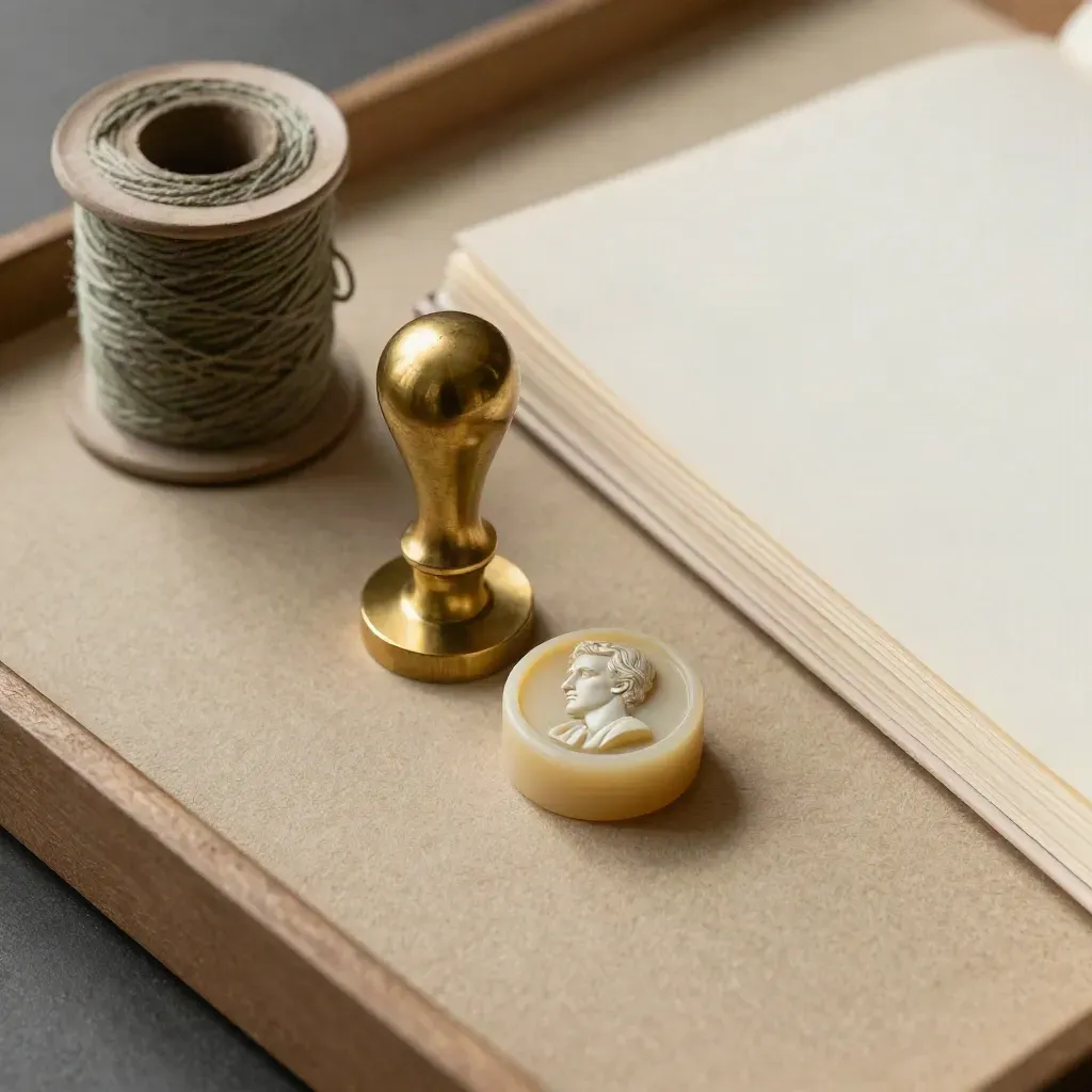 Brass embossing seal, wax puck, twine spool and closed folio on a khaki archive mat.