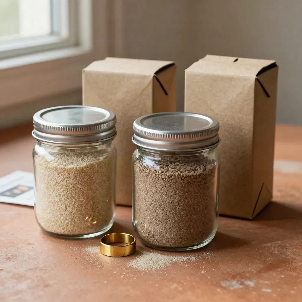 Sample jars, cartons, and brass ring on terracotta surface in soft daylight.