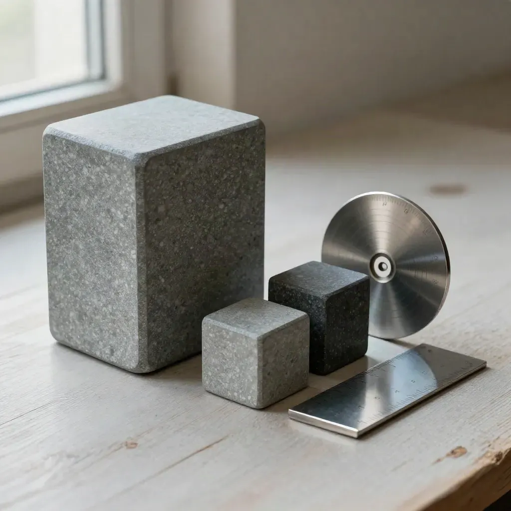 Top-down still life of trade blocks, cargo weight and a neutral dial on pale wood.