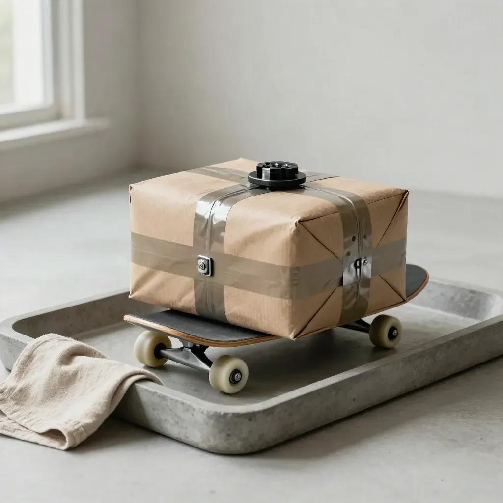 Sealed parcel on a roller board with locator puck and dock wheel on concrete, lit from the side.