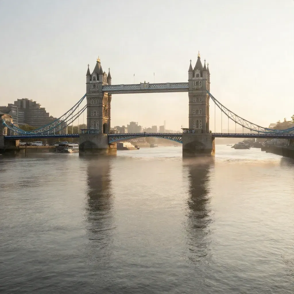 Tower Bridge over the Thames at sunrise, mist and calm water under golden light.