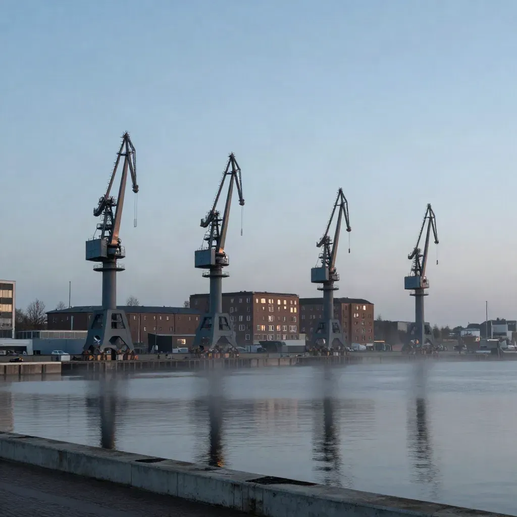 Rotterdam harbor cranes above misty water and calm quay at blue hour