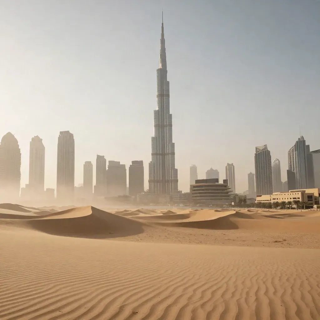 Dubai skyline and Burj Khalifa rising above desert haze and pale sand.