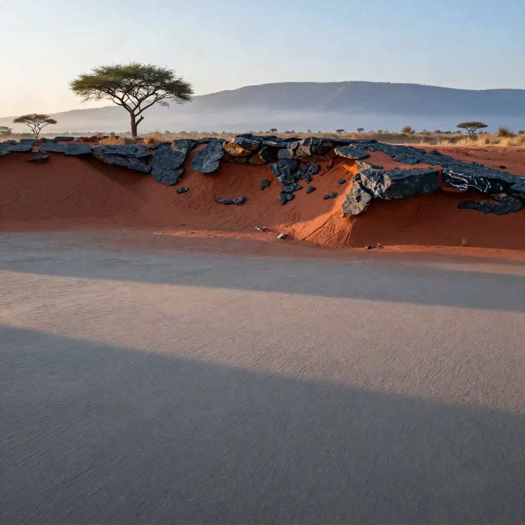 East African red earth ridge with acacia silhouettes and misty blue hills.